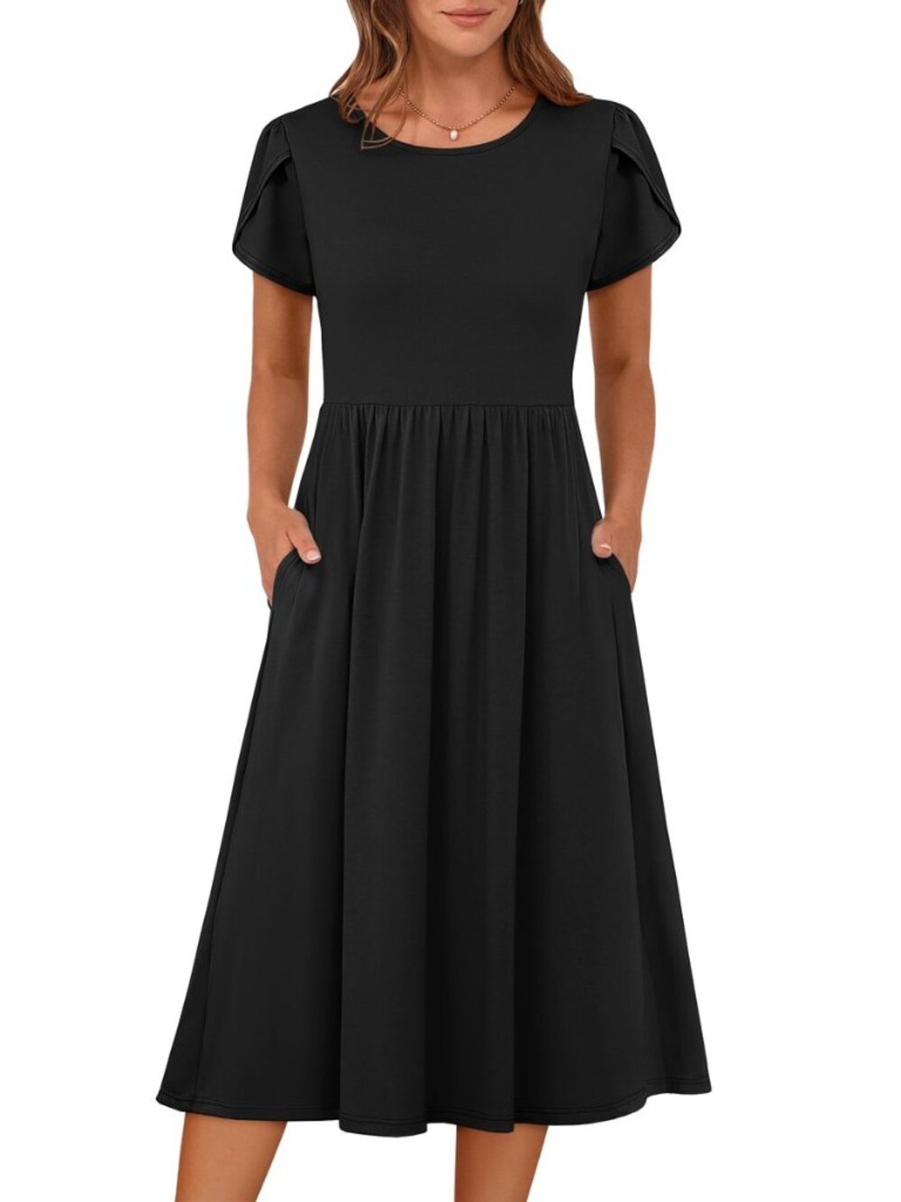 Women's Summer Petal Short Sleeve Midi Dress with Pockets